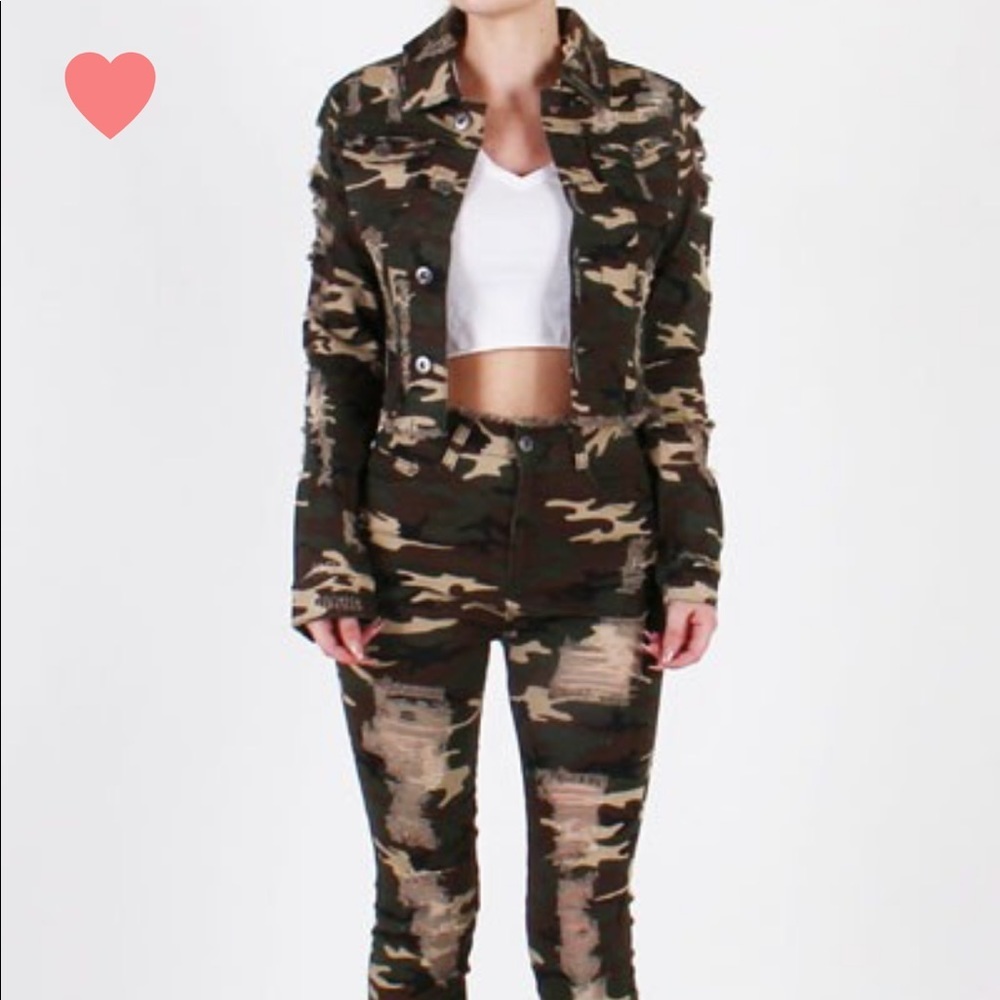 Army Green Camo Distressed 2 Piece Jean Set